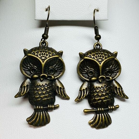 Jewelry - Cute Antique Bronze Owl Dangle Earrings, Drop Hook, Charm, Pierced Ears, 1.5 in